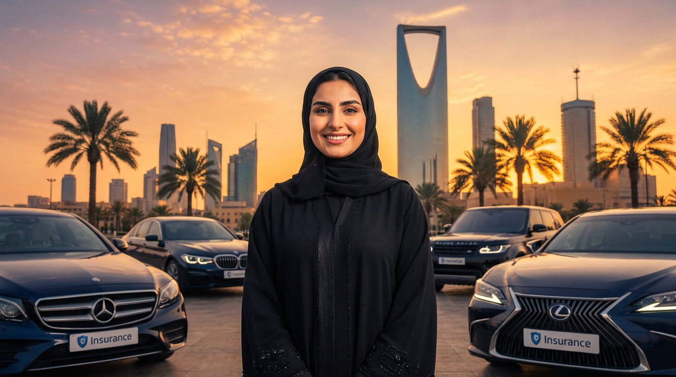 شاب وفتاة سعوديان أمام سيارات فاخرة وأفق مدينة سعودية عند الغروب